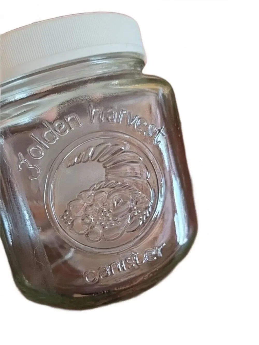 2 Vintage Golden Harvest Glass Canister Jars With White Lids